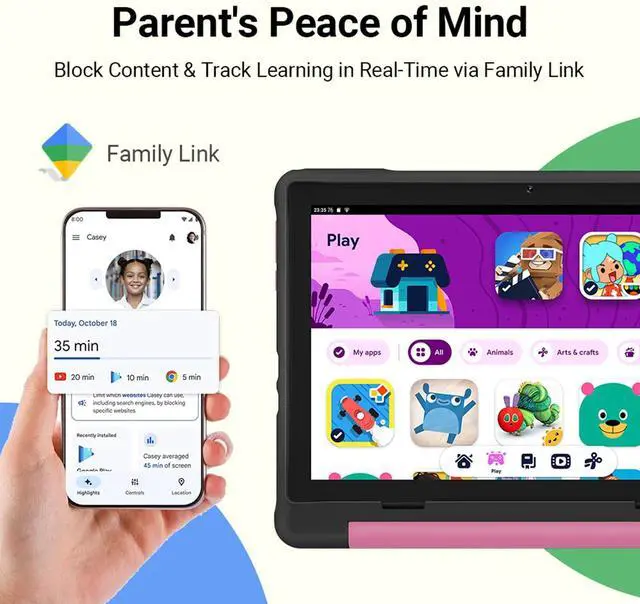 Alt view image 5 of 5 - UEMXDOX Kids Tablet, 2025 Android 15 Tablet for Kids Age 3+, 8GB+64GB, Expandable to 512GB, 10" Touch Screen with Case, WiFi 6, BT5, Pre-Installed Parental Controls, Kids Space, Family Link (Black)