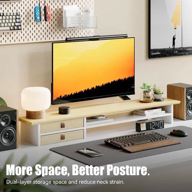 Alt view image 2 of 5 - FENSULN DualTier Monitor Stand Riser with Drawers, Desktop Organizer Shelf Storage for Computer Screen 2 Monitors, Supports for PC Computer Monitor, Printer, Heavy TV Riser Beige and White