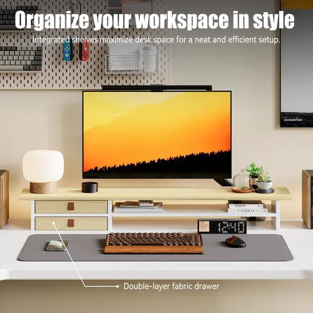 Alt view image 3 of 5 - FENSULN DualTier Monitor Stand Riser with Drawers, Desktop Organizer Shelf Storage for Computer Screen 2 Monitors, Supports for PC Computer Monitor, Printer, Heavy TV Riser Beige and White