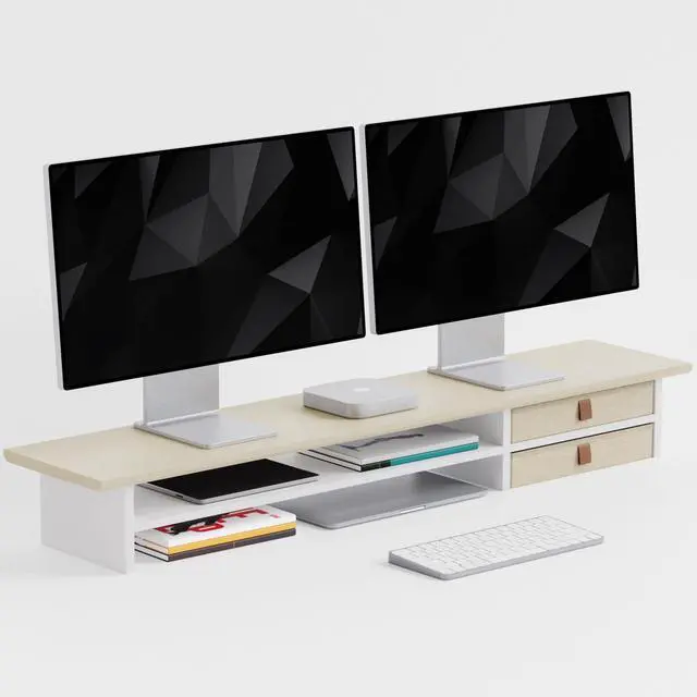 Main image of FENSULN DualTier Monitor Stand Riser with Drawers, Desktop Organizer Shelf Storage for Computer Screen 2 Monitors, Supports for PC Computer Monitor, Printer, Heavy TV Riser Beige and White