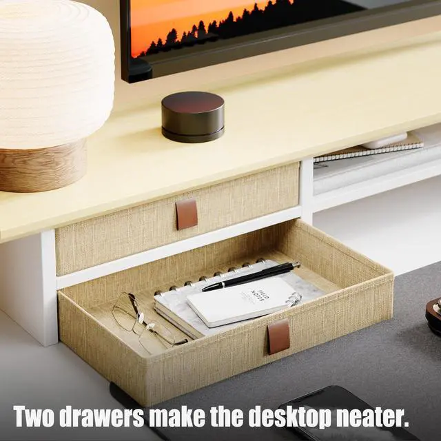 Alt view image 4 of 5 - FENSULN DualTier Monitor Stand Riser with Drawers, Desktop Organizer Shelf Storage for Computer Screen 2 Monitors, Supports for PC Computer Monitor, Printer, Heavy TV Riser Beige and White