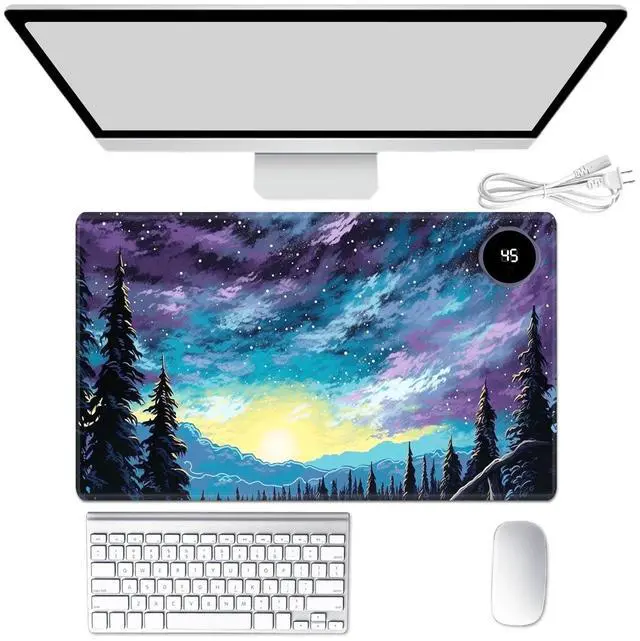 Main image of Heated Mouse Pad Hand Warmer, Warm Desk Pad Mousepad Desk Mat with 3 Levels Heating and Auto Shut Down 23.6 x 14.2 inch PU Leather Warmer Keyboard Mat for Gaming Laptop Office Home, Art Forest Galaxy