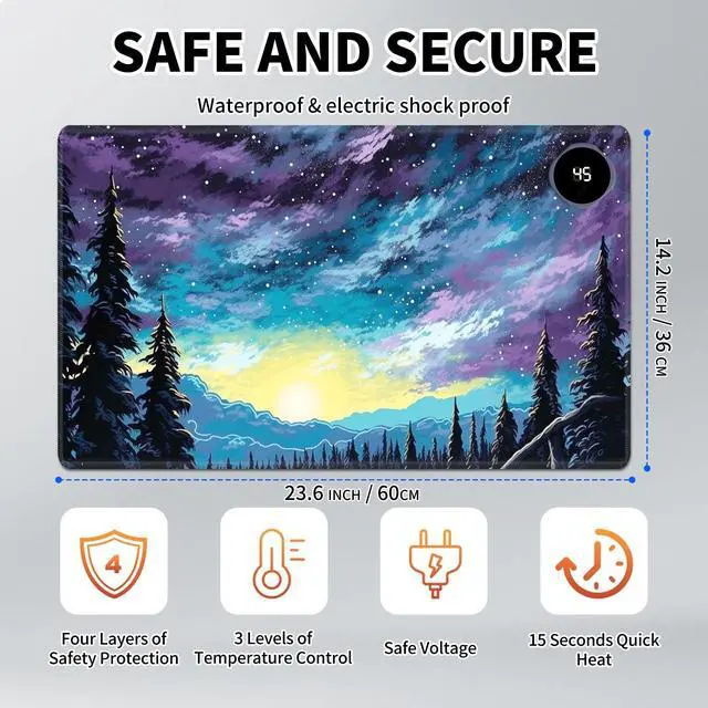 Alt view image 2 of 5 - Heated Mouse Pad Hand Warmer, Warm Desk Pad Mousepad Desk Mat with 3 Levels Heating and Auto Shut Down 23.6 x 14.2 inch PU Leather Warmer Keyboard Mat for Gaming Laptop Office Home, Art Forest Galaxy