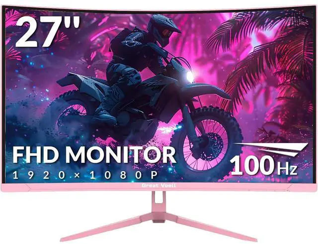 Main image of Great voell 27-Inch Curved Gaming Monitor - 100Hz, FHD (1920x1080), 1ms Response, 1500R VA Panel, AMD FreeSync, Low Blue Light & Flicker-Free, Eye Care, HDMI/DP, VESA 75x75mm - Pink