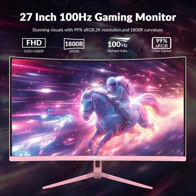Alt view image 2 of 5 - Great voell 27-Inch Curved Gaming Monitor - 100Hz, FHD (1920x1080), 1ms Response, 1500R VA Panel, AMD FreeSync, Low Blue Light & Flicker-Free, Eye Care, HDMI/DP, VESA 75x75mm - Pink
