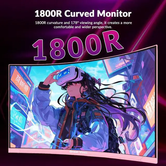 Alt view image 4 of 5 - Great voell 27-Inch Curved Gaming Monitor - 100Hz, FHD (1920x1080), 1ms Response, 1500R VA Panel, AMD FreeSync, Low Blue Light & Flicker-Free, Eye Care, HDMI/DP, VESA 75x75mm - Pink