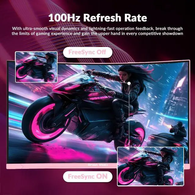 Alt view image 5 of 5 - Great voell 27-Inch Curved Gaming Monitor - 100Hz, FHD (1920x1080), 1ms Response, 1500R VA Panel, AMD FreeSync, Low Blue Light & Flicker-Free, Eye Care, HDMI/DP, VESA 75x75mm - Pink