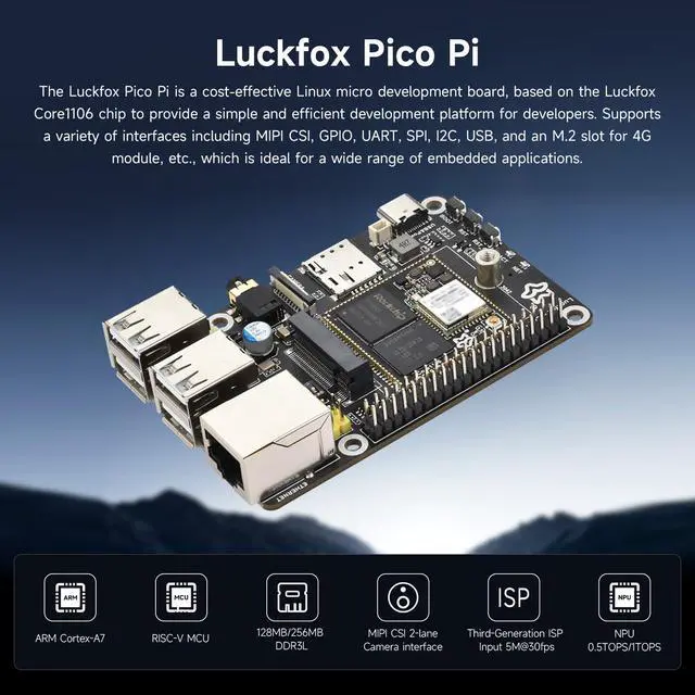 Alt view image 3 of 5 - Waveshare Luckfox Pico Pi Linux Micro Dev Board,Core1106, 8GB eMMC, Intelligent Encoding Support, Built-in ISP3.2, Up to 5MP Image Processing, with 4G Module, RV1106G3