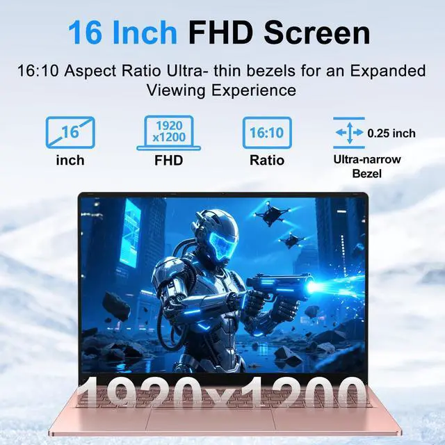 Alt view image 4 of 5 - CHIFUYOU Gaming Laptop, 2025 16 Inch Office 365 Laptop Computer, N150 Processor (4C/4T, Up to 3.6GHz),16GB RAM 512GB SSD, WiFi 5,BT4.2,16" FHD 1920x1200(16:10), Backlit Keyboard, Rose Gold