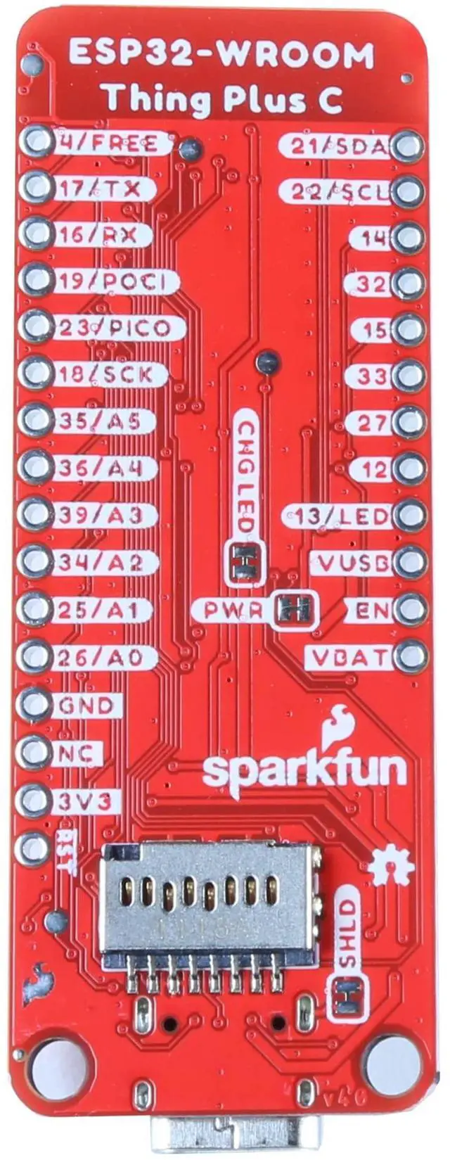 Alt view image 4 of 5 - SparkFun Thing Plus - ESP32 WROOM (USB-C) - ESP32-D0WDQ6 Chip Integrated RGB Status LED Operating Voltage: 3.3V Board Dimensions: 2.3in x 1.0in x 0.5in