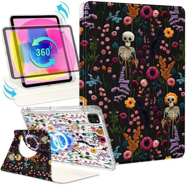 Main image of Shorogyt for iPad Air 13 Inch M3 2025 & M2 2024 /for i Pad Pro 12.9 inch (3/4/5/6th Gen) for Magnetic Stand for Women - Cute Design 360 Degree Rotating Covers Girls with Pencil Holder, Skull Flower