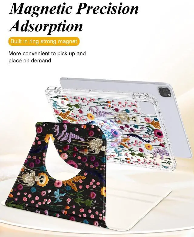 Alt view image 3 of 5 - Shorogyt for iPad Air 13 Inch M3 2025 & M2 2024 /for i Pad Pro 12.9 inch (3/4/5/6th Gen) for Magnetic Stand for Women - Cute Design 360 Degree Rotating Covers Girls with Pencil Holder, Skull Flower