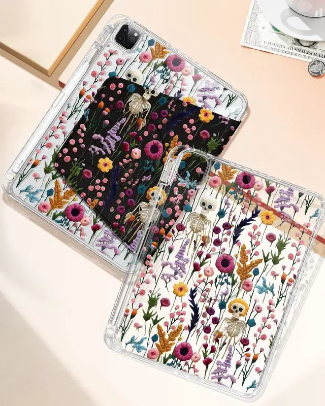 Alt view image 4 of 5 - Shorogyt for iPad Air 13 Inch M3 2025 & M2 2024 /for i Pad Pro 12.9 inch (3/4/5/6th Gen) for Magnetic Stand for Women - Cute Design 360 Degree Rotating Covers Girls with Pencil Holder, Skull Flower