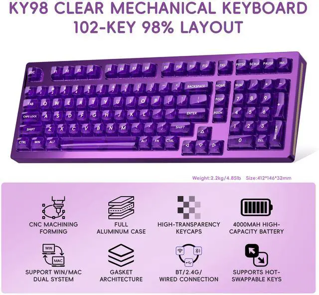 Alt view image 2 of 5 - kutethy KY98 Wireless Mechanical Keyboard with Transparent Keycaps,Full Aluminum CNC,Hot-swappable,Pre-lubed Linear Switches,Gasket Structure,RGB Backlit,OLED Screen,BT5.0/2.4G/USB-C Wired (Purple)
