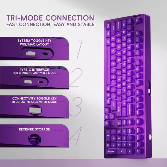 Alt view image 4 of 5 - kutethy KY98 Wireless Mechanical Keyboard with Transparent Keycaps,Full Aluminum CNC,Hot-swappable,Pre-lubed Linear Switches,Gasket Structure,RGB Backlit,OLED Screen,BT5.0/2.4G/USB-C Wired (Purple)