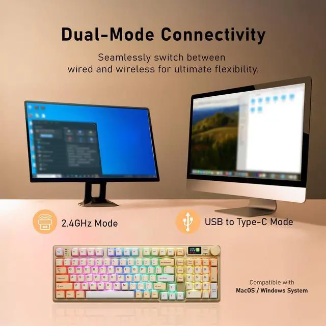 Alt view image 2 of 5 - iRocks K85R Wireless RGB Backlit Mechanical Gaming Keyboard with LCD Display, Hot-Swappable Pre-lubed Brown Switches, 98 PBT Keys, USB-C Detachable Cable (Light Golden, Bubble Switch)