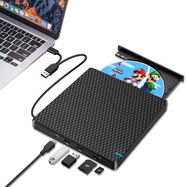 Main image of Guamar External CD DVD Drive: USB-C CD Burner Portable DVD Player for Laptop PC MacBook Mac Windows 11/10 with SD/TF Slot/2 USB Ports Plug & Play (Black)