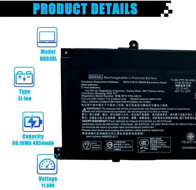Alt view image 2 of 5 - AOMKA GD03XL N66215-005 Laptop Battery Replacement for HP Envy x360 14 2-in-1 14-fc0078TU / EliteBook Ultra G1q OmniBook 14-fe0101nb Series GD03059XL N66000-1E1 HSTNNN-AB1E 59.16Wh