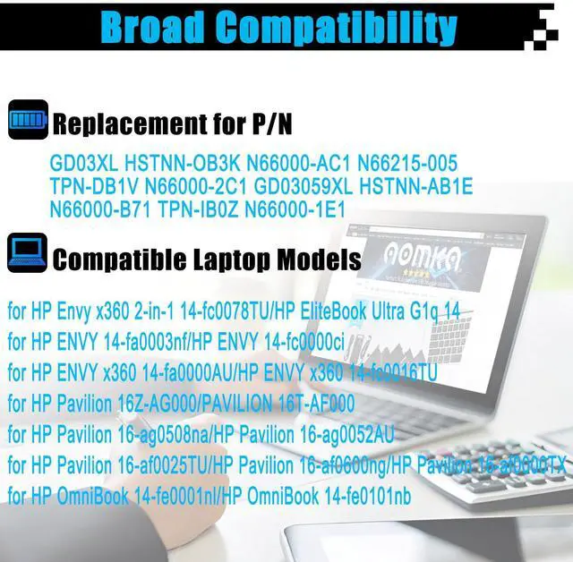 Alt view image 3 of 5 - AOMKA GD03XL N66215-005 Laptop Battery Replacement for HP Envy x360 14 2-in-1 14-fc0078TU / EliteBook Ultra G1q OmniBook 14-fe0101nb Series GD03059XL N66000-1E1 HSTNNN-AB1E 59.16Wh