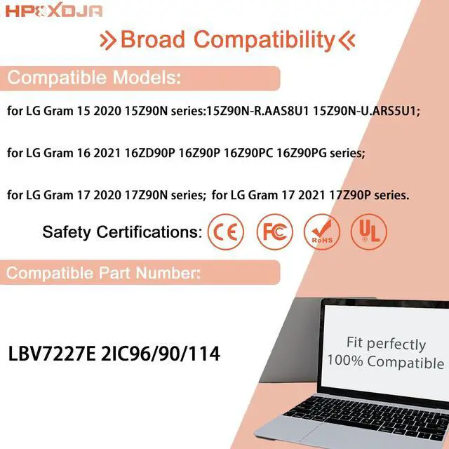 Alt view image 5 of 5 - HPXXDJA LBV7227E Laptop Battery Replacement for LG Gram 15Z90N 17Z90N Gram 16 2-in-1 16T90P 16Z90PC 16Z90PG 16ZD90P Series Notebook 2IC96/90/114 7.74V 80Wh 10336mAh