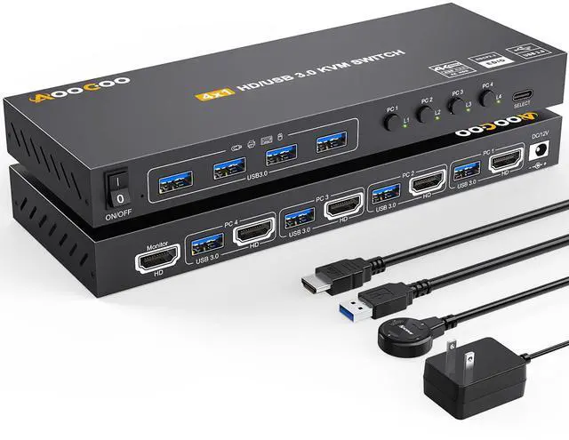 Main image of KVM Switch HDMI 4K@60Hz,KVM Switches for 4 Computers Share 1 Monitor and 4 USB3.0 Devices with Simulation EDID,Wired Remote and USB Cables, Power Adapter Included