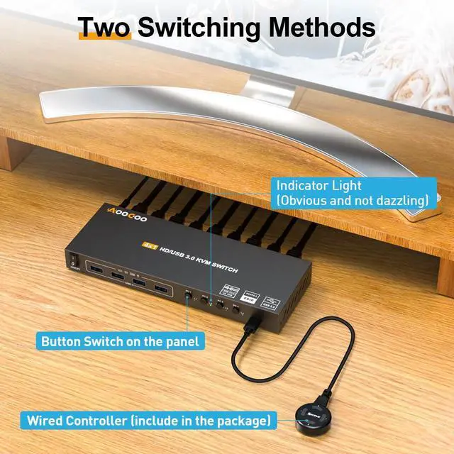 Alt view image 4 of 5 - KVM Switch HDMI 4K@60Hz,KVM Switches for 4 Computers Share 1 Monitor and 4 USB3.0 Devices with Simulation EDID,Wired Remote and USB Cables, Power Adapter Included