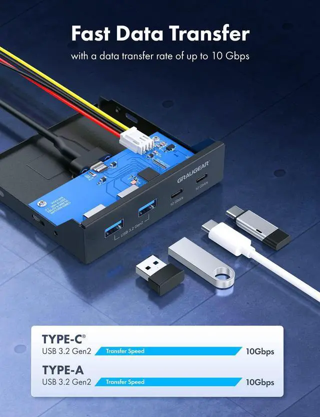 Alt view image 2 of 5 - GRAUGEAR 3.5 Inch Front Panel Hub, 4 Ports Internal Metal USB Hub, 2X USB-C 10Gbps and 2X USB 3.2 Gen 2 Ports, USB3.2 Type-E Key-A 20-Pin Header & 15-Pin SATA Power Connector Required [G-MP02]