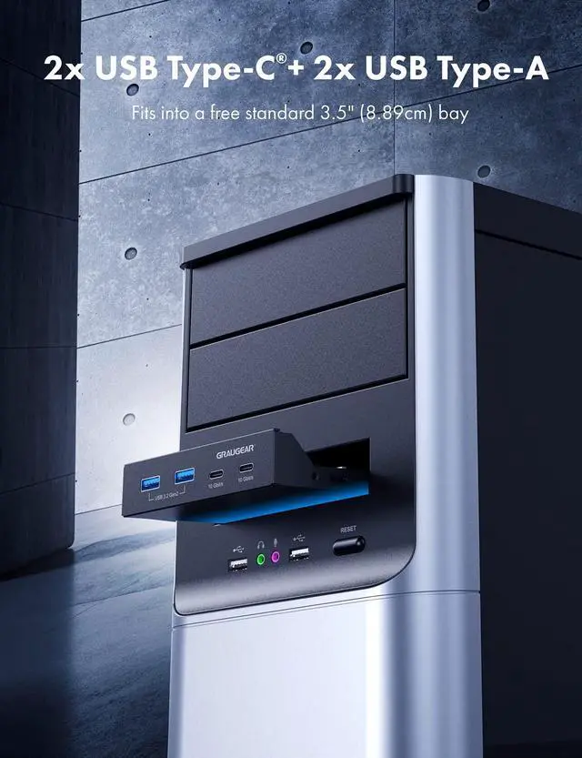 Alt view image 3 of 5 - GRAUGEAR 3.5 Inch Front Panel Hub, 4 Ports Internal Metal USB Hub, 2X USB-C 10Gbps and 2X USB 3.2 Gen 2 Ports, USB3.2 Type-E Key-A 20-Pin Header & 15-Pin SATA Power Connector Required [G-MP02]