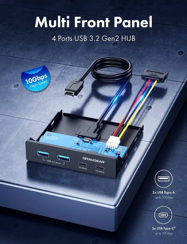Alt view image 5 of 5 - GRAUGEAR 3.5 Inch Front Panel Hub, 4 Ports Internal Metal USB Hub, 2X USB-C 10Gbps and 2X USB 3.2 Gen 2 Ports, USB3.2 Type-E Key-A 20-Pin Header & 15-Pin SATA Power Connector Required [G-MP02]