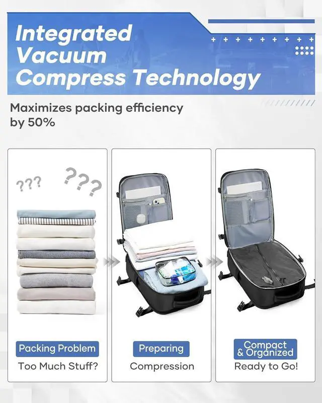 Alt view image 3 of 5 - vivatote Vacuum Travel Backpack with Electric Vacpack Pump, Flight Approved Vacuum Backpacks Compression Travel Vacuum Bags Carry On Personal Item Suitcase Luggage for Men Women, Black