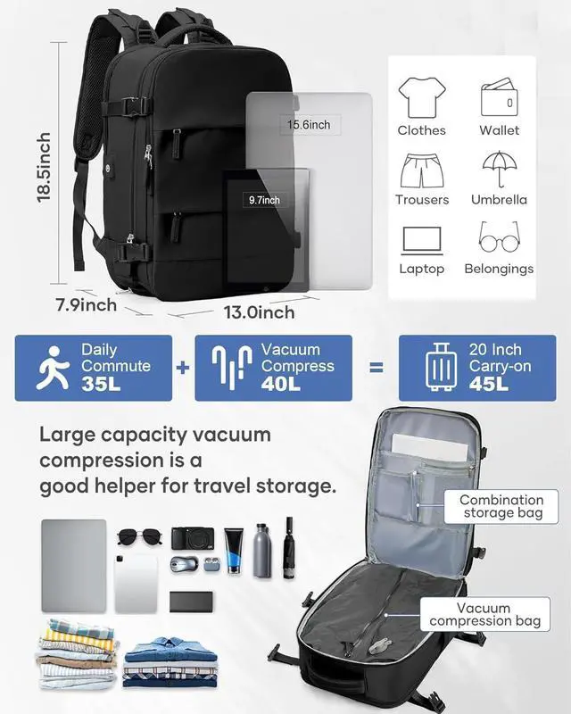 Alt view image 5 of 5 - vivatote Vacuum Travel Backpack with Electric Vacpack Pump, Flight Approved Vacuum Backpacks Compression Travel Vacuum Bags Carry On Personal Item Suitcase Luggage for Men Women, Black