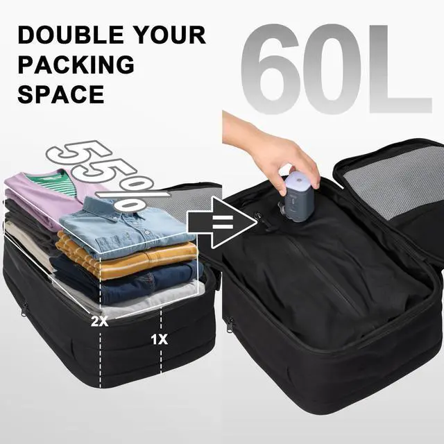 Alt view image 2 of 5 - WISUGASO Vacuum Seal Travel Backpack 60L  Air Compression System, Water-Resistant Carry-On Backpack with TSA Lock, 17" Laptop Compartment, Vacuum Pump Included for Travel, Business - Black