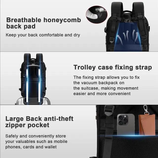 Alt view image 3 of 5 - WISUGASO Vacuum Seal Travel Backpack 60L  Air Compression System, Water-Resistant Carry-On Backpack with TSA Lock, 17" Laptop Compartment, Vacuum Pump Included for Travel, Business - Black