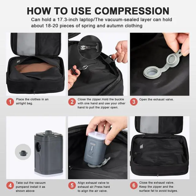 Alt view image 5 of 5 - WISUGASO Vacuum Seal Travel Backpack 60L  Air Compression System, Water-Resistant Carry-On Backpack with TSA Lock, 17" Laptop Compartment, Vacuum Pump Included for Travel, Business - Black