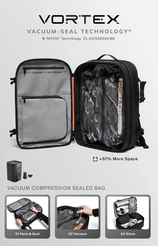 Alt view image 3 of 5 - Vortex Vacuum Seal Travel Backpack 45L Expandable Air Compression System Water Resistant Carry-On Suitcase Luggage Black AERO Lite - Vacuum Pump Included