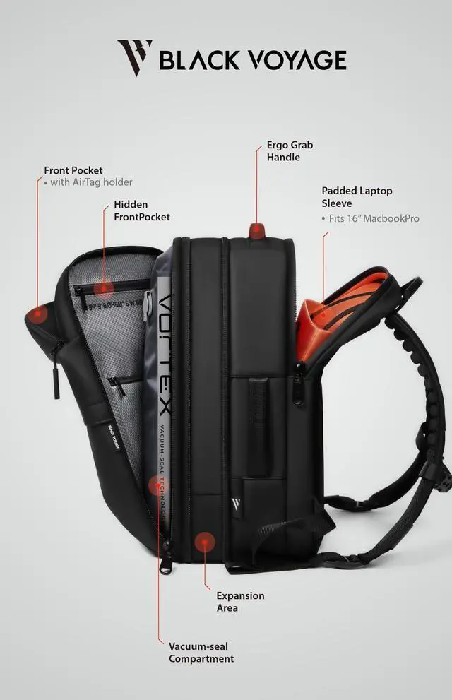 Alt view image 5 of 5 - Vortex Vacuum Seal Travel Backpack 45L Expandable Air Compression System Water Resistant Carry-On Suitcase Luggage Black AERO Lite - Vacuum Pump Included