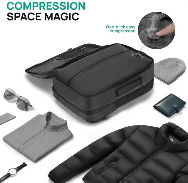 Alt view image 3 of 5 - Dinictis Vacuum Seal Travel Backpack 60L Built-in Pump, Expandable Backpack with Vacuum Compression fits 17 inch Laptop, Waterproof Carry On Suitcase Luggage suit for Short Trip and Business-Dark Grey