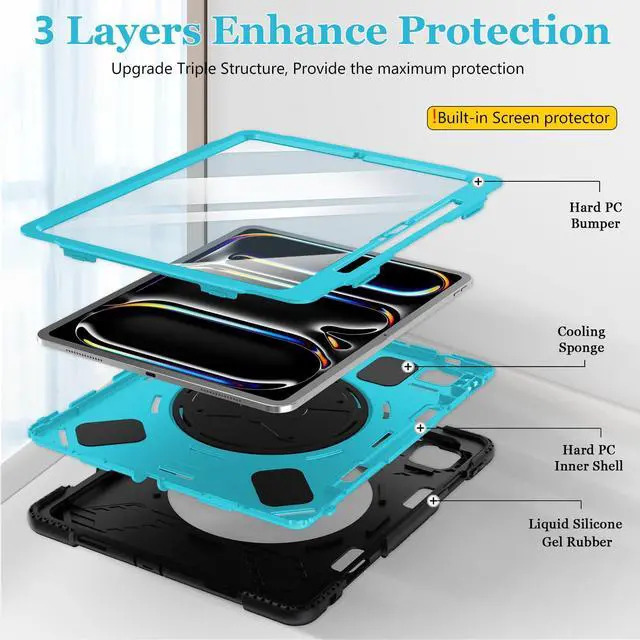 Alt view image 4 of 5 - Case for iPad Pro 13 Inch M5 2025/ M4 2024: Military Grade Cover for iPad Pro 13" with Screen Protector - Stand - Handle - Shoulder Strap - Pencil Holder- Mint Green