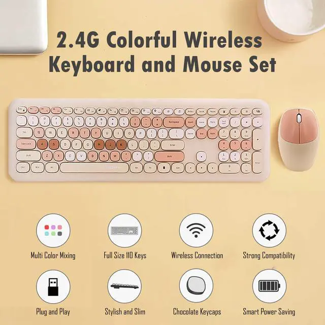 Alt view image 2 of 5 - Full Size Wireless Keyboard and Mouse Combo, Silent Thin and Lightweight Membrane Keyboard, Cute Candy Colors, 2.4G USB Wireless, Compatible with Notebook, PC (MilkTea)