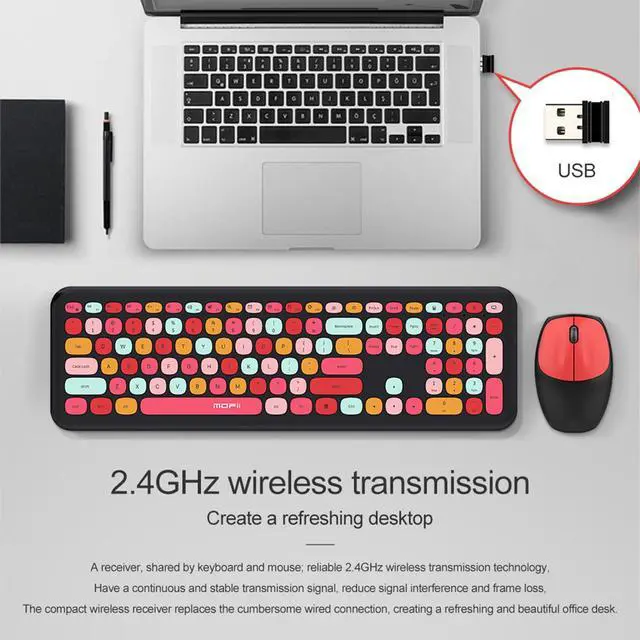 Alt view image 3 of 5 - Full Size Wireless Keyboard and Mouse Combo, Silent Thin and Lightweight Membrane Keyboard, Cute Candy Colors, 2.4G USB Wireless, Compatible with Notebook, PC (MilkTea)