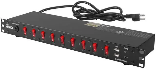 Main image of Tecmojo 9-Outlet Rack Mount Power Strip,1U Horizontal PDU Individual Switch 6ft Cord, with 2USB and 2 Type-C,for IT and Network Racks and Cabinets