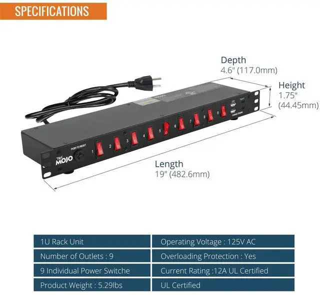 Alt view image 2 of 5 - Tecmojo 9-Outlet Rack Mount Power Strip,1U Horizontal PDU Individual Switch 6ft Cord, with 2USB and 2 Type-C,for IT and Network Racks and Cabinets