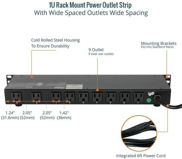 Alt view image 4 of 5 - Tecmojo 9-Outlet Rack Mount Power Strip,1U Horizontal PDU Individual Switch 6ft Cord, with 2USB and 2 Type-C,for IT and Network Racks and Cabinets