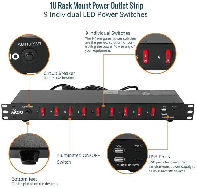 Alt view image 5 of 5 - Tecmojo 9-Outlet Rack Mount Power Strip,1U Horizontal PDU Individual Switch 6ft Cord, with 2USB and 2 Type-C,for IT and Network Racks and Cabinets