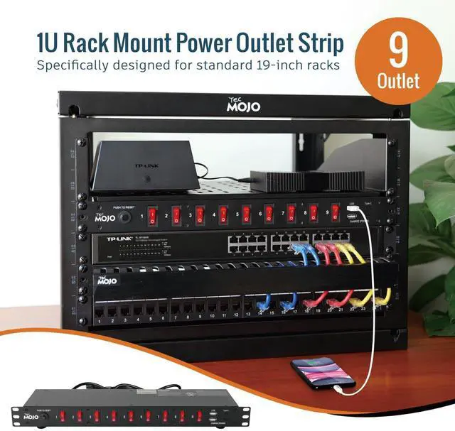 Alt view image 3 of 5 - Tecmojo 9-Outlet Rack Mount Power Strip,1U Horizontal PDU Individual Switch 6ft Cord, with 2USB and 2 Type-C,for IT and Network Racks and Cabinets