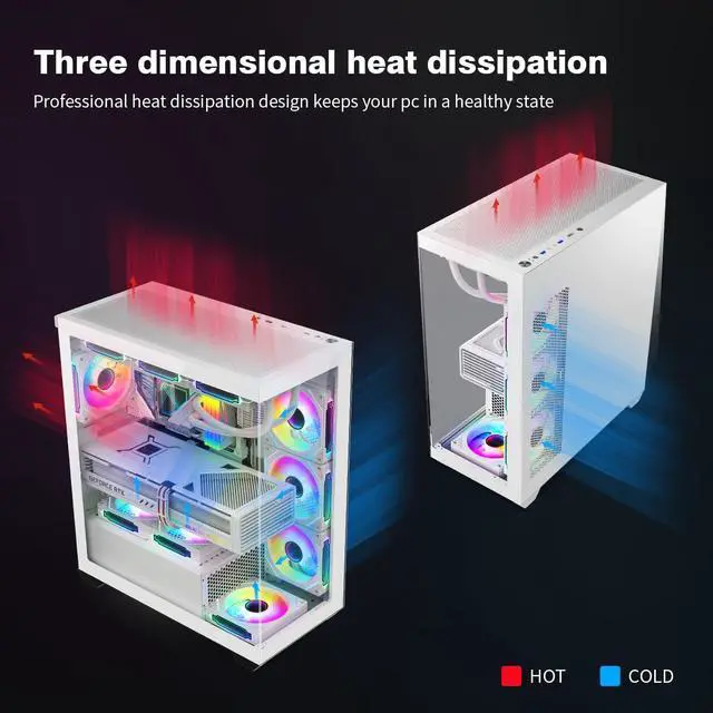 Alt view image 4 of 5 - RUIX OV603 ATX Mid-Tower PC Case, Spacious High-Airflow Gaming Case with 4 x 120mm PWM ARGB Fans, USB 3.0 & Type-C Ports, Tempered Glass, Large Capacity Computer Case - White
