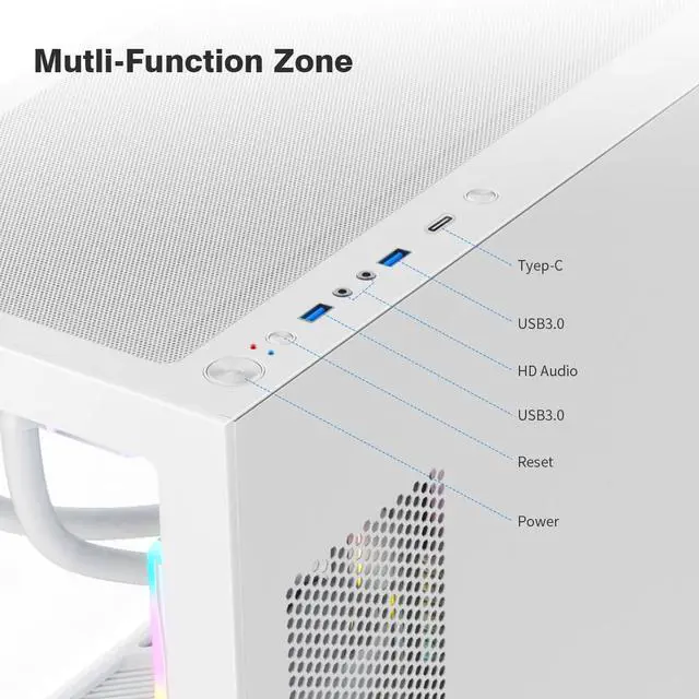 Alt view image 3 of 5 - RUIX OV603 ATX Mid-Tower PC Case, Spacious High-Airflow Gaming Case with 4 x 120mm PWM ARGB Fans, USB 3.0 & Type-C Ports, Tempered Glass, Large Capacity Computer Case - White