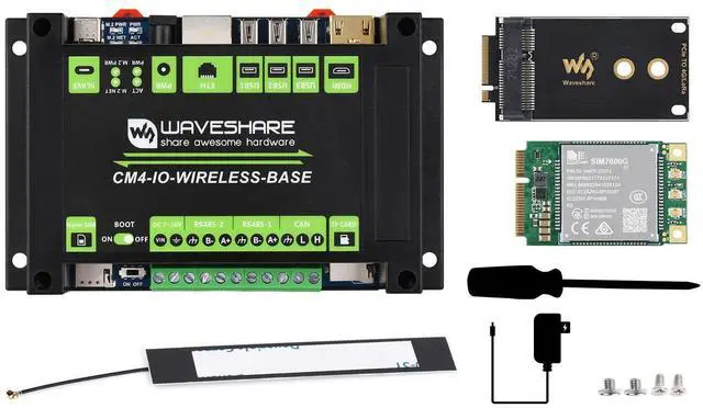 Main image of Waveshare Industrial IoT Wireless Expansion Module Designed for Raspberry Pi Compute Module 4 Bundle with 4G Module SIM7600G-H-PCIE 12V 2A Power Adapter and So on(7 Items)