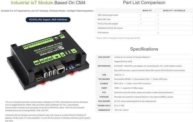 Alt view image 2 of 5 - Waveshare Industrial IoT Wireless Expansion Module Designed for Raspberry Pi Compute Module 4 Bundle with 4G Module SIM7600G-H-PCIE 12V 2A Power Adapter and So on(7 Items)