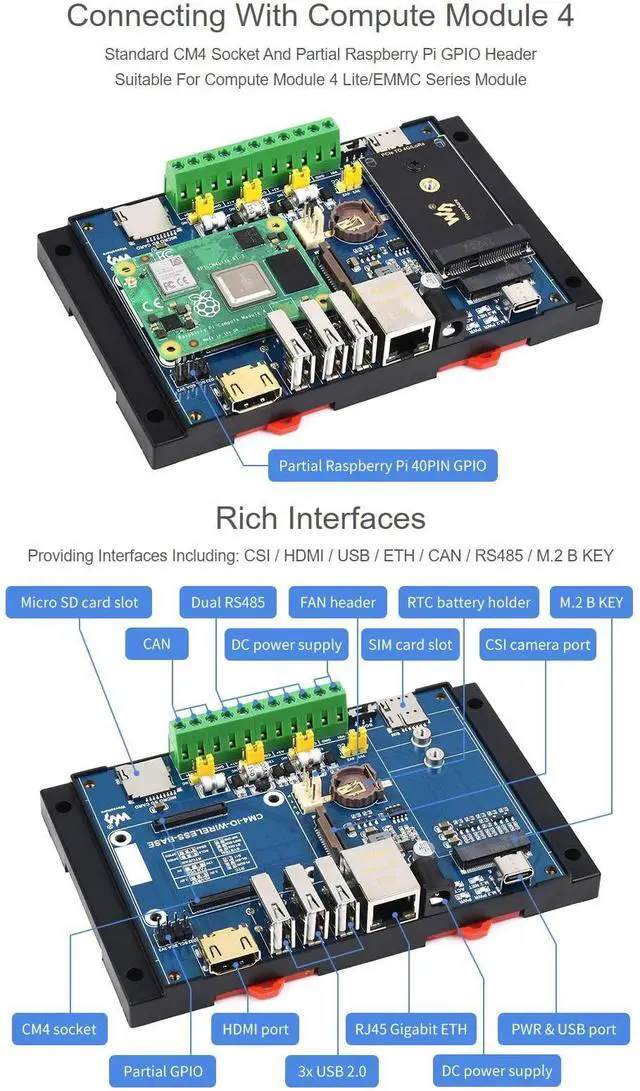 Alt view image 4 of 5 - Waveshare Industrial IoT Wireless Expansion Module Designed for Raspberry Pi Compute Module 4 Bundle with 4G Module SIM7600G-H-PCIE 12V 2A Power Adapter and So on(7 Items)